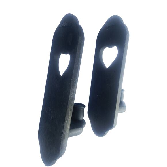 Vtg Black Country Wooden Wall Sconces w/ Heart Cutouts Candle Holder Farmhouse - Picture 5 of 5